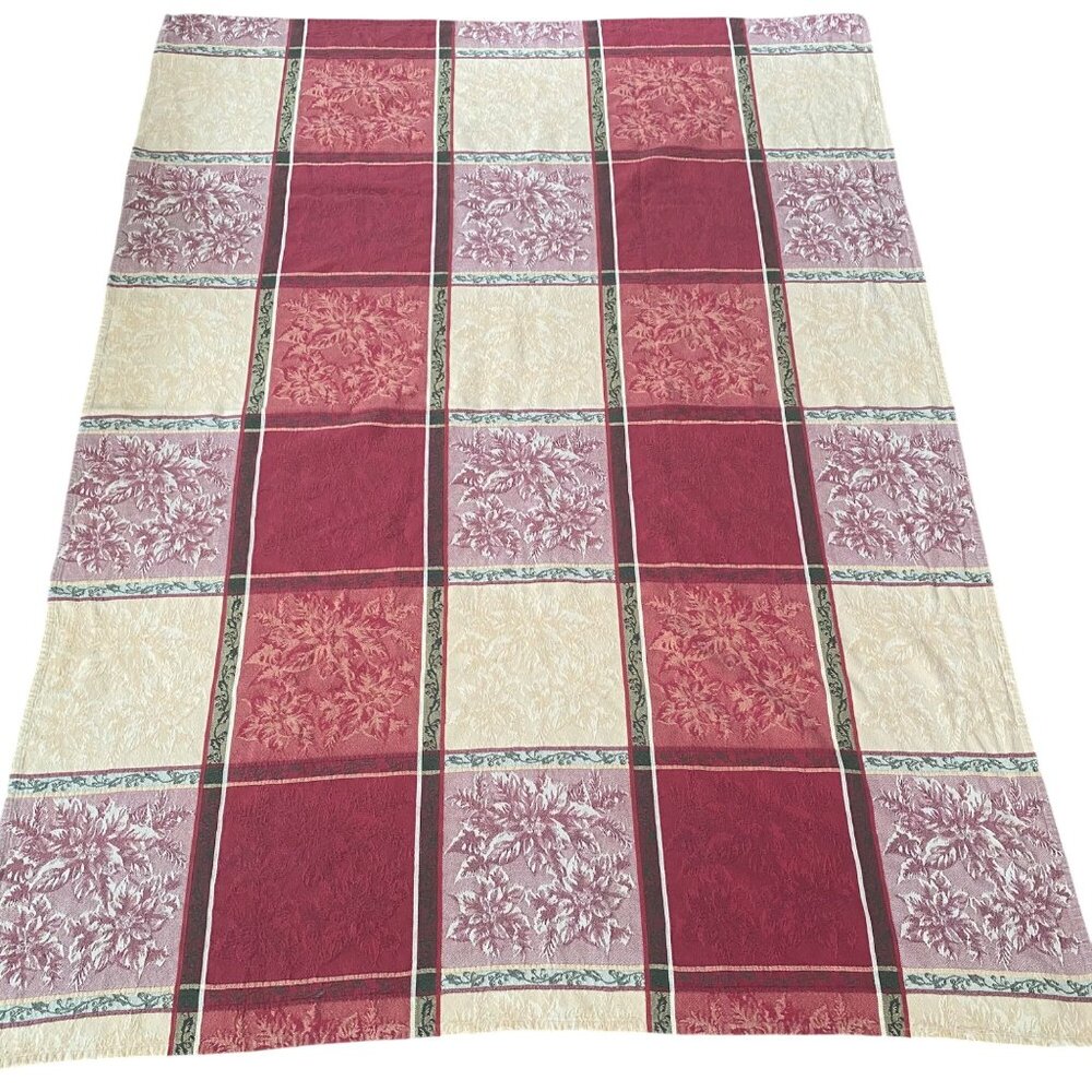 Vintage Jacquard Floral Poinsettia Cotton Tablecloth Cotton 68x70 Red Christmas